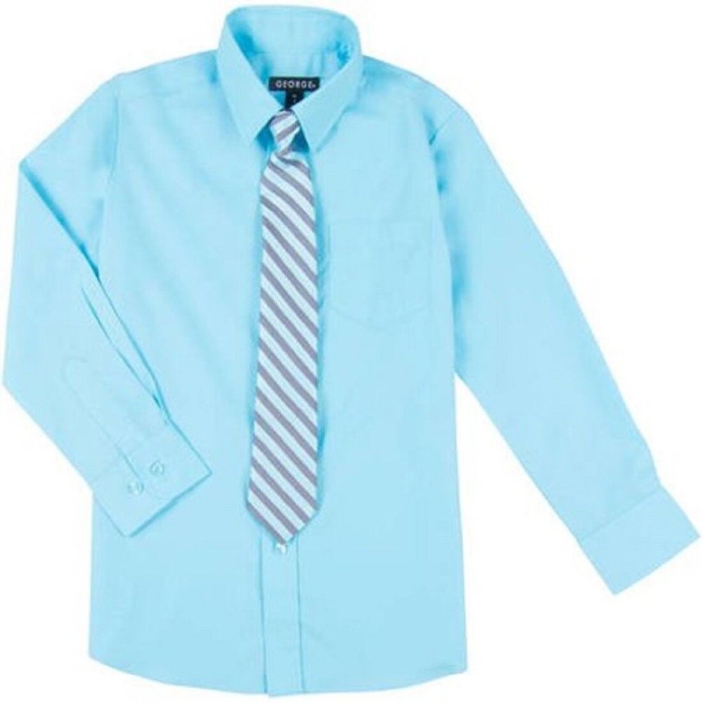 George Boys Dress Shirt Clip-on Tie Long-Sleeve Solid Blue Size XS 4-5  NWT